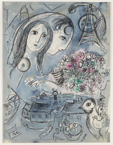 Marc Chagall (1887–1985) „Moje życie” między Witebskiem a Paryżem («Ma vie» entre Vitebsk et Paris) 1954 gwasz, tusz, ołówek, papier Muzeum Narodowe w Warszawie fot. Igor Oleś / Muzeum Narodowe w Warszawie