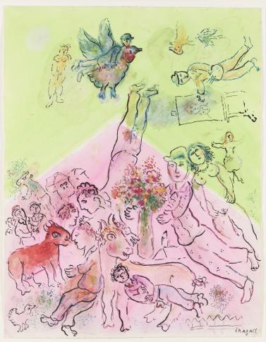 Marc Chagall (1887–1985) Scena fantastyczna na różowo-zielonym tle (Scène fantastique sur fond rose et vert) ok. 1978–1980 gwasz, pastel, tusz czarny i kolorowy, tempera, kredki barwne, ołówek, papier kremowy Muzeum Narodowe w Warszawie fot. Igor Oleś / Muzeum Narodowe w Warszawie