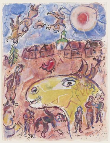 Marc Chagall (1887–1985) Żółty koziołek na wsi (wersja do Les Poemes) 1968 gwasz, tusz, pastel, tempera, ołówek, papier kremowy Muzeum Narodowe w Warszawie fot. Igor Oleś / Muzeum Narodowe w Warszawie