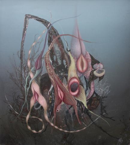 Wystawa Bio-Chem, Paweł Matyszewski, kompozycja biologiczna 2020, 70 x 63, akryl na płótnie
