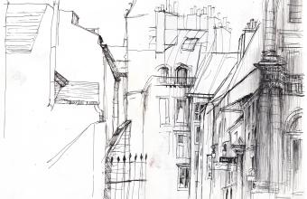 Uliczka w dzielnicy łacińskiej Paryża, rys Dorota Pietrzyk