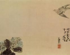 A little cuckoo across a hydrangea by Yosa Buson.